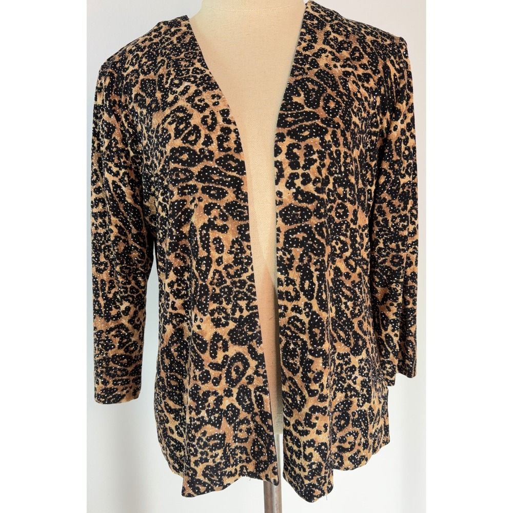 Vintage‎ Y2K Alex Evenings Sparkle Leopard Print Cardigan Slinky Knit Med Petite